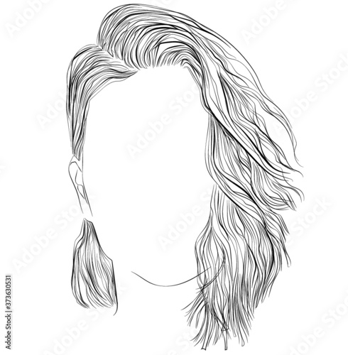 Side swept middle-length hairstyle, vector illustration, outline