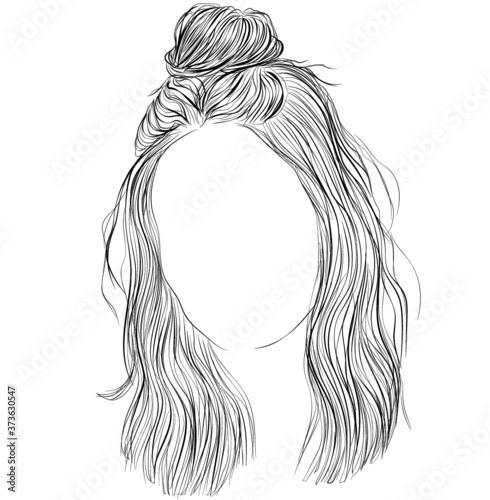 Half-bun, straight hair, female vector illustration. Black and white outlines