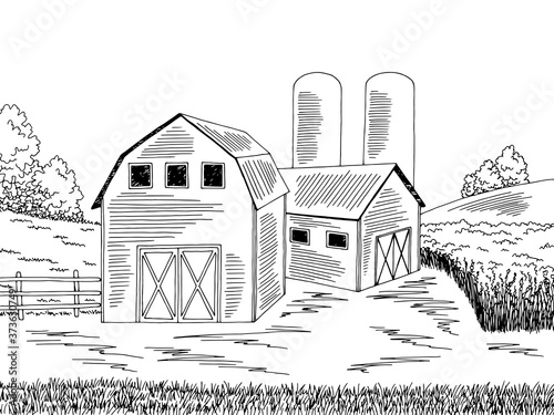 Farm field graphic black white landscape sketch illustration vector