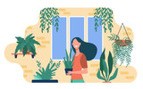 Happy woman growing houseplants. Female character standing in cozy home garden and holding pot with plant. Vector illustration for greenery, gardening hobby, home decor, botany concepts