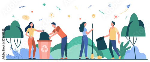 Team of volunteers cleaning park from garbage. Happy young people collecting trash outdoors. Vector illustration for volunteering community, nature care, ecology concept