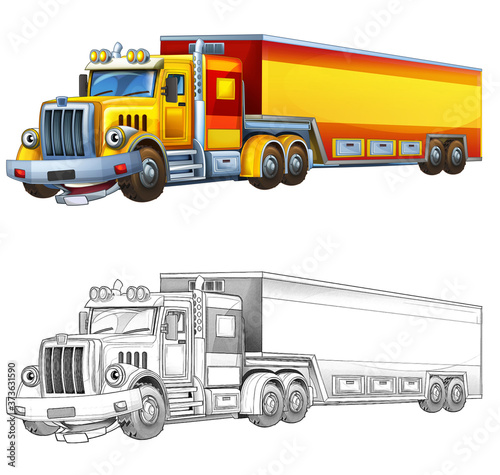cartoon sketch happy cargo truck with trailer - illustration