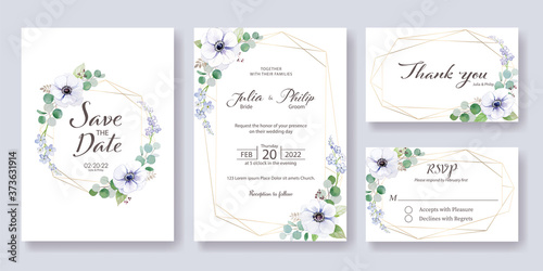 Set fo Wedding Invitation  save the date  thank you  rsvp card  template. Vector. Anemone flower  silver dollar leaves.