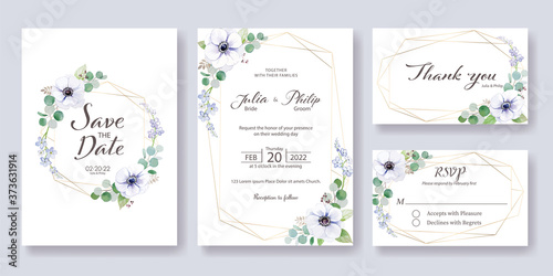 Set fo Wedding Invitation, save the date, thank you, rsvp card  template. Vector. Anemone flower, silver dollar leaves.