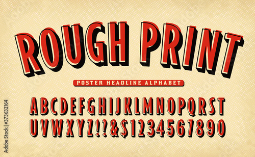 A Vintage Style Rough Print Alphabet in Red with a Black Shadow.