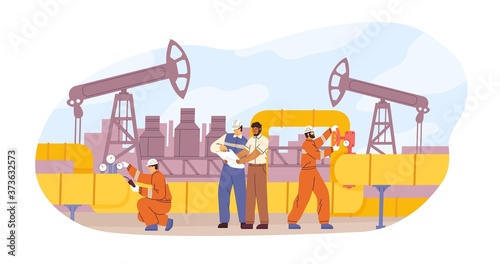 Oil or gas pipeline service vector flat illustration. Engineer and oilman looking to professional document isolated. Team of diverse technician workers control and check pressure work together