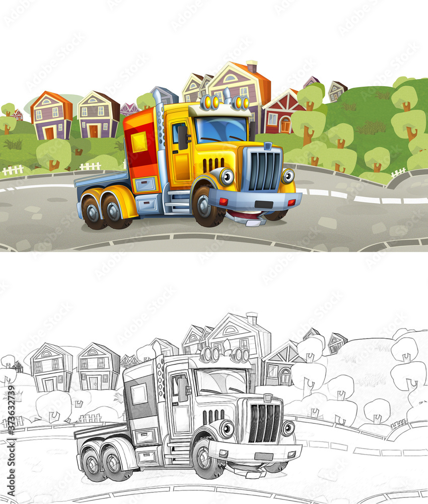 Fototapeta cartoon sketch happy cargo truck without trailer driving