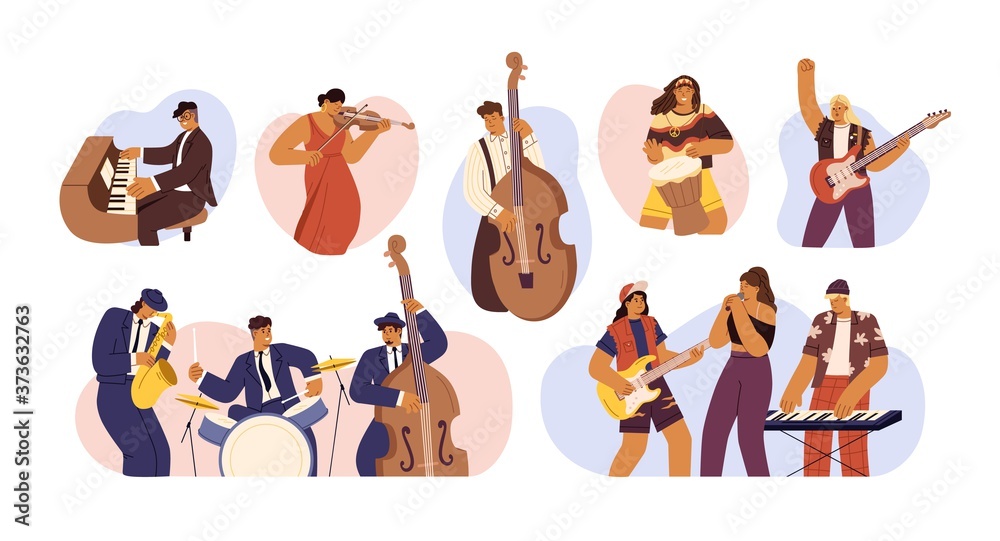 corona escarcha secretamente Set of people with different musical instrument vector flat illustration.  Collection of music bands, musicians singing and playing music instruments  isolated. Person with art hobby or profession vector de Stock | Adobe