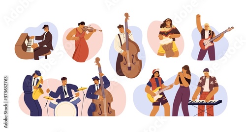Set of people with different musical instrument vector flat illustration. Collection of music bands, musicians singing and playing music instruments isolated. Person with art hobby or profession