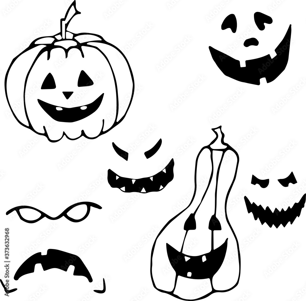 Vector illustration of a set of pumpkins and faces for Halloween in the ...