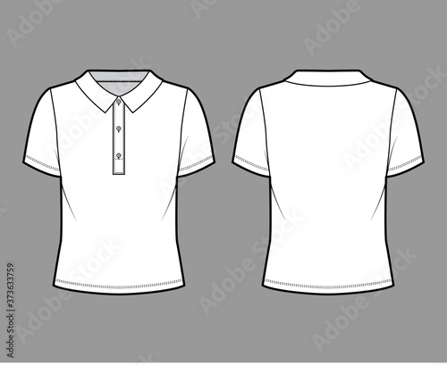 Polo shirt technical fashion illustration with cotton-jersey short sleeves, oversized, buttons along the front. Flat outwear apparel template front, back, white color. Women men unisex top mockup