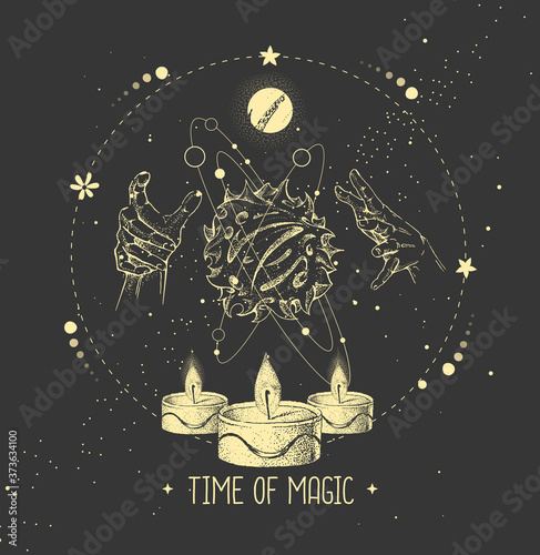 Witchcraft magic card with astrology solar system and hands that control the universe