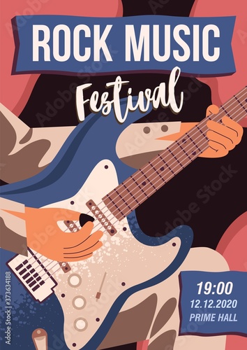 Rock music festival promo poster vector flat illustration. Announcement template with musician playing on acoustic bass guitar with place for text. Colorful flyer of entertainment party or concert