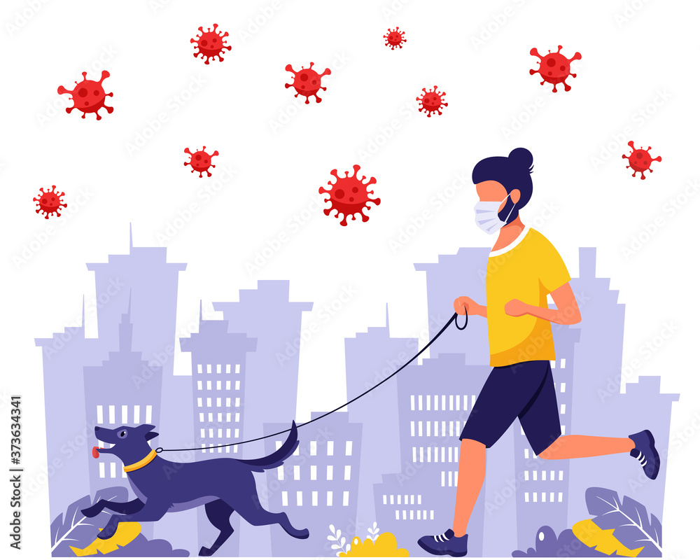 Man running with dog during pandemic. Man in face mask. Outdoor activities during pandemic. Vector illustration in flat style.