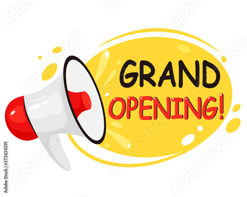 Grand opening, re-opening, we are open banner. Invitation posters with megaphone speaker. Vector illustration in flat style.