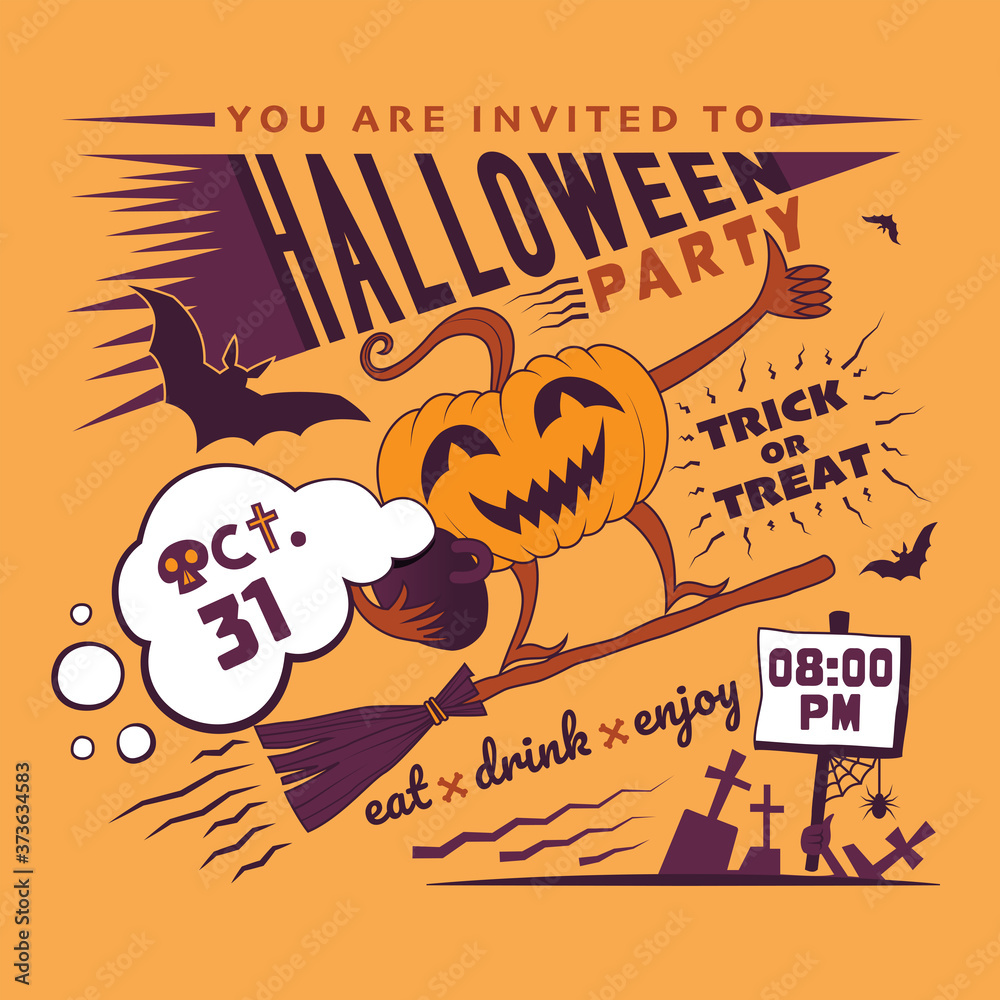 Halloween party invitation. Trick or treat. Color vector illustration.