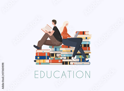 Young stylish people readers sitting on stack of giant books or beside it and reading.