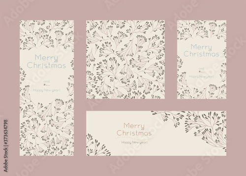 Vintage Christmas banners set with isolated tree branches. Calm winter sale fair — flyer, poster with soft Xmas seamless floral pattern. Old fashioned New Year greeting card. Holiday neutral banners.