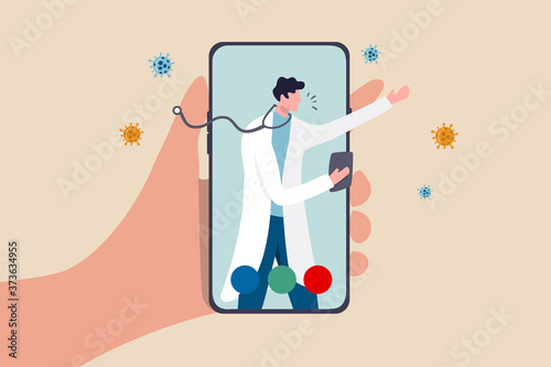 Telehealth health care technology doctor can diagnose and help patient via mobile phone or tele conference concept, patient hand carry mobile application with doctor, physician diagnose virus symptom.