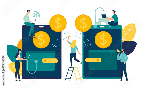 Vector illustration, financial transactions, non-cash payment transactions. Pos-terminal and payment systems, currency, coins, NFC payment system - Vector, money transfer