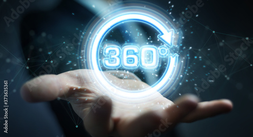 Obraz na płótnie Man using 360 degree virtual reality neon interface 3D rendering