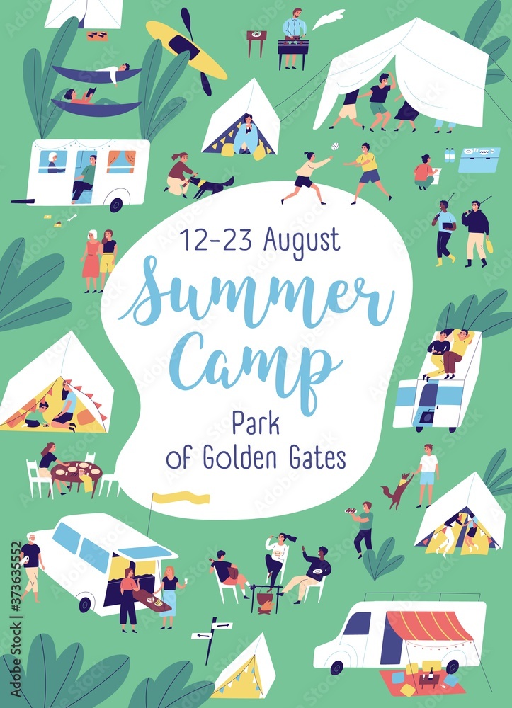 Colorful poster of summer camp with place for text vector flat illustration. Announcement template for camping vacation. Cheerful tiny people spending time together enjoying outdoor activities
