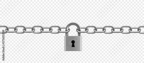 Chrome plated metal chain and padlock. Vector illustration.