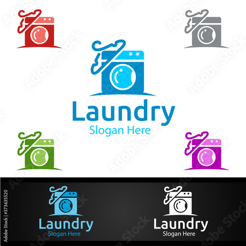 Hangers Laundry Dry Cleaners Logo with Clothes, Water and Washing Concept
