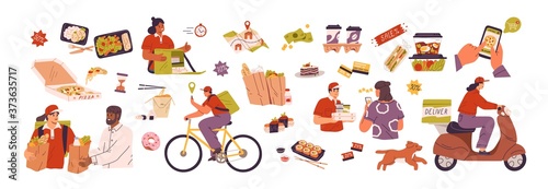 Fototapeta Naklejka Na Ścianę i Meble -  Set of scenes with delivery service of takeaway food. Mobile application for product online order. People pizza deliveryman on scooter and bicycles. Flat vector cartoon illustration isolated on white