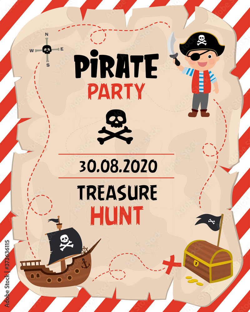 Pirate party banner. Treasure hunt invitation or greeting card template.  Cartoon preschooler i Stock Vector