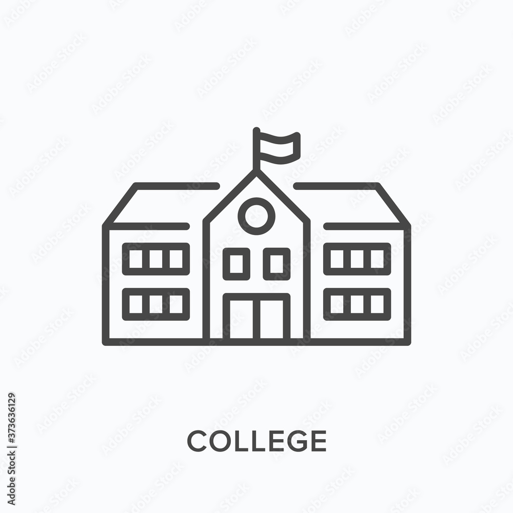 School building flat line icon. Vector outline illustration of college, university campus. Schoolhouse thin linear pictogram School building flat line icon. Vector outline illustration of college, university campus. Schoolhouse thin linear pictogram