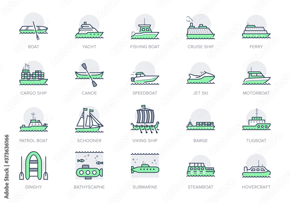 Ship, boat line icons. Vector illustration included icon as yacht, cruise, cargo shipping, submarine, ferry, canoe, schooner outline pictogram for water transport. Green Color, Editable Stroke Ship, boat line icons. Vector illustration included icon as yacht, cruise, cargo shipping, submarine, ferry, canoe, schooner outline pictogram for water transport. Green Color, Editable Stroke