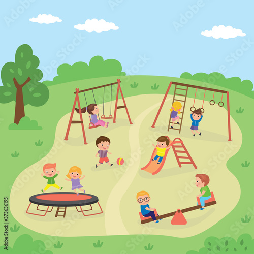 Group of different children are playing in the playground. Outdoors games and activities.