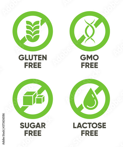 Gluten, GMO, Sugar, Lactose free signs. Set of green symbols with text for allergy, healthy food, natural organic products concept. Vector illustrations isolated on white background