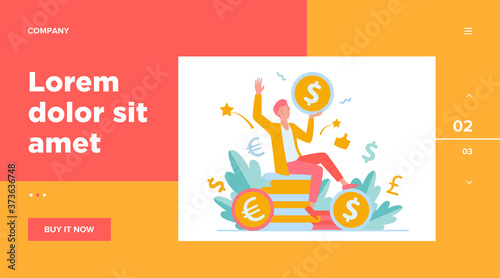 Happy businessman earning money flat vector illustration. Cartoon millionaire or banker holding huge coin. Finance growth and market concept