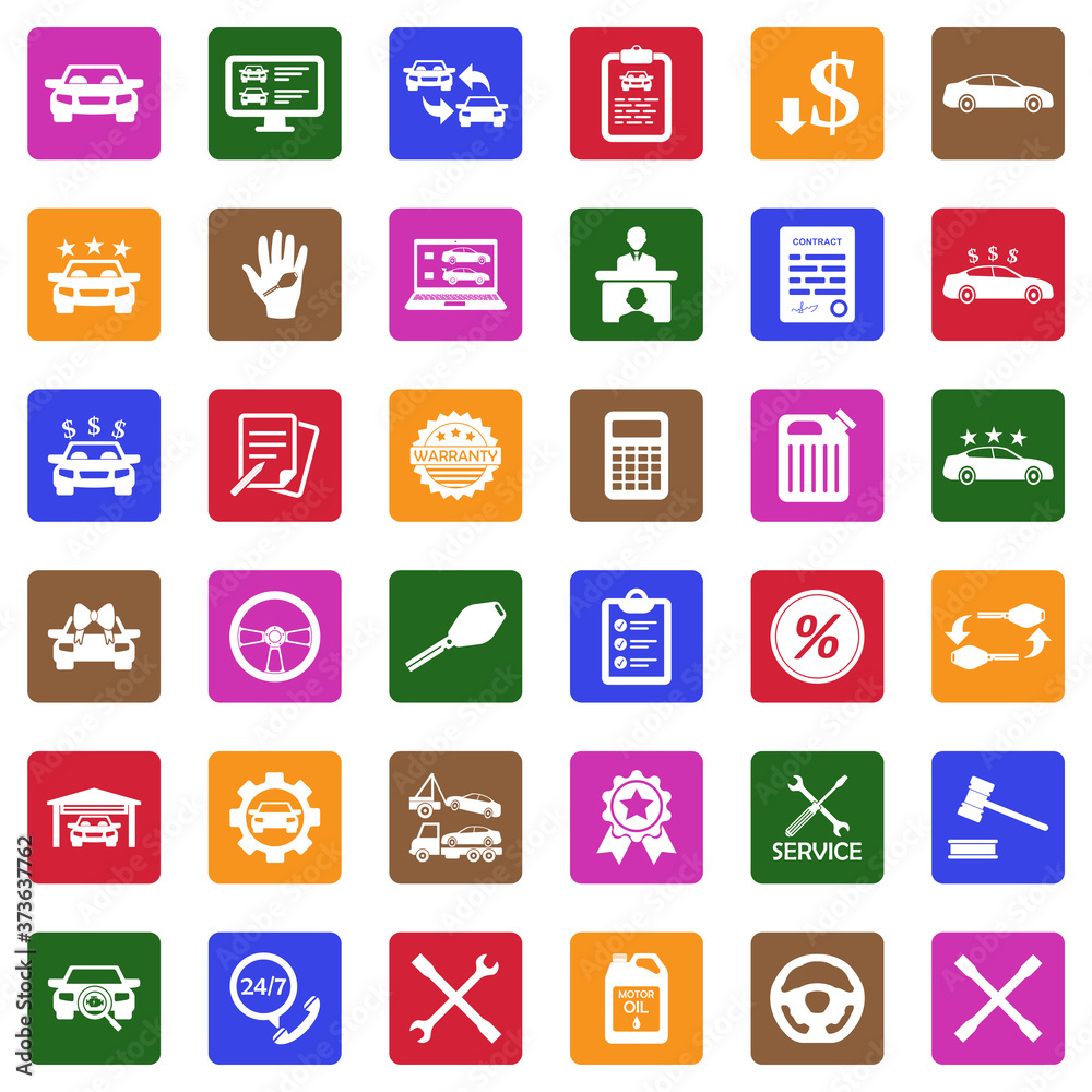 Car Dealer Icons. White Flat Design In Square. Vector Illustration. Car Dealer Icons. White Flat Design In Square. Vector Illustration.