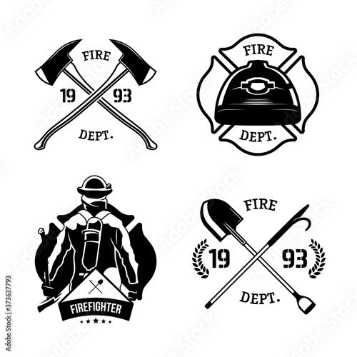 Firefighters emblems set. Fire department symbols with fireman, helmet, crossed axes. Monochrome vector illustrations for emergency, rescue, job concepts