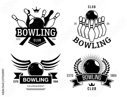 Bowling club labels set. Monochrome emblem templates with text, ball, pins, bowling team symbols in retro style. Vector illustrations for entertainment, hobby, leisure concepts
