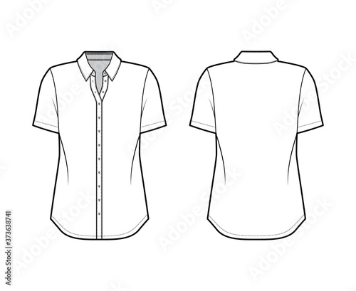Classic shirt technical fashion illustration with short sleeves, relax fit, front button-fastening, regular collar. Flat apparel template front, back white color. Women men unisex top CAD mockup 