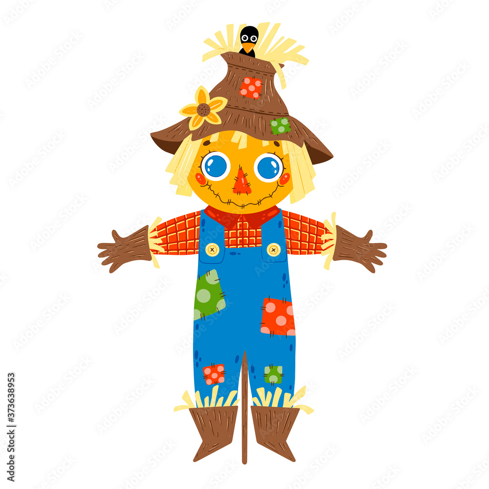 Flat vector illustration of cute cartoon farm boy scarecrow in blue denim overalls isolated on white background. Flat vector illustration of cute cartoon farm boy scarecrow in blue denim overalls isolated on white background.