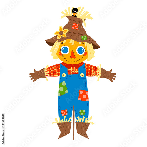 Flat vector illustration of cute cartoon farm boy scarecrow in blue denim overalls isolated on white background.