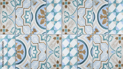 White brown blue vintage retro geometric square mosaic motif cement tiles texture background