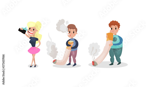 People Characters Having Bad Habits Smoking Cigarette and Taking Selfies Vector Illustration Set