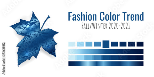 Fashion color trend Fall/Winter 2020-2021. Colour metallic palette with different shades of blue color and gradient. Maple tree leaf on white background. Paint palette mock up. Vector illustration photo