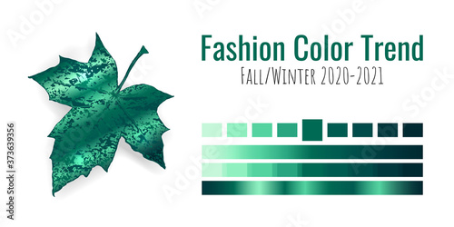 Fashion color trend Fall/Winter 2020-2021. Colour palette with different shades of Ultramarine Green and gradient. Maple tree leaf on white background. Paint palette mock up. Vector illustration