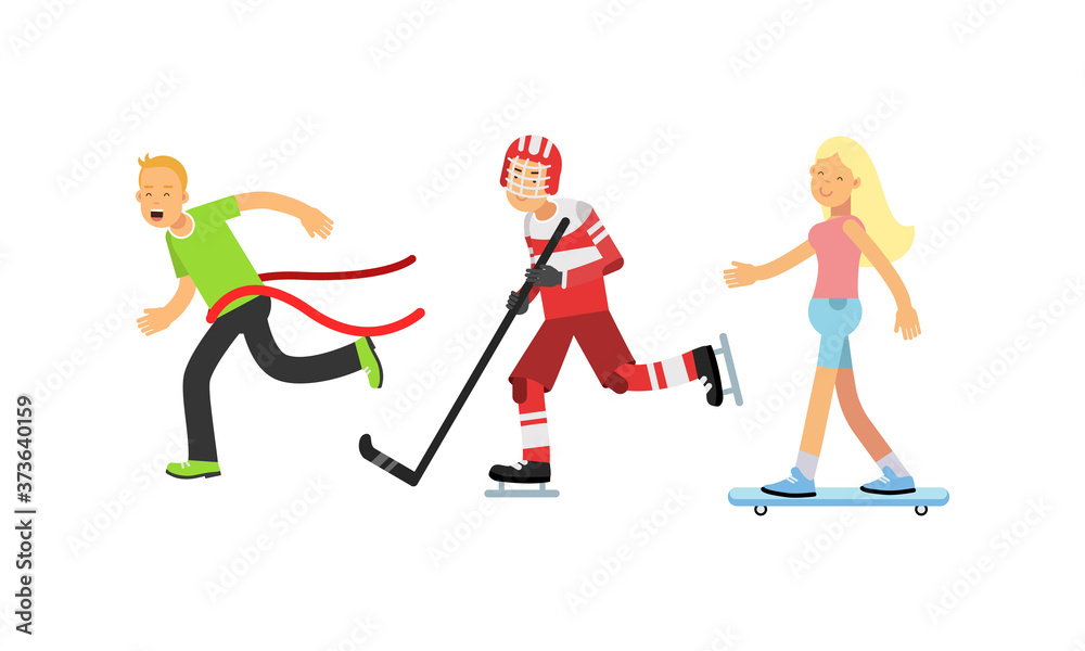 Young Energetic People Characters Doing Sport Activity Vector Illustration Set