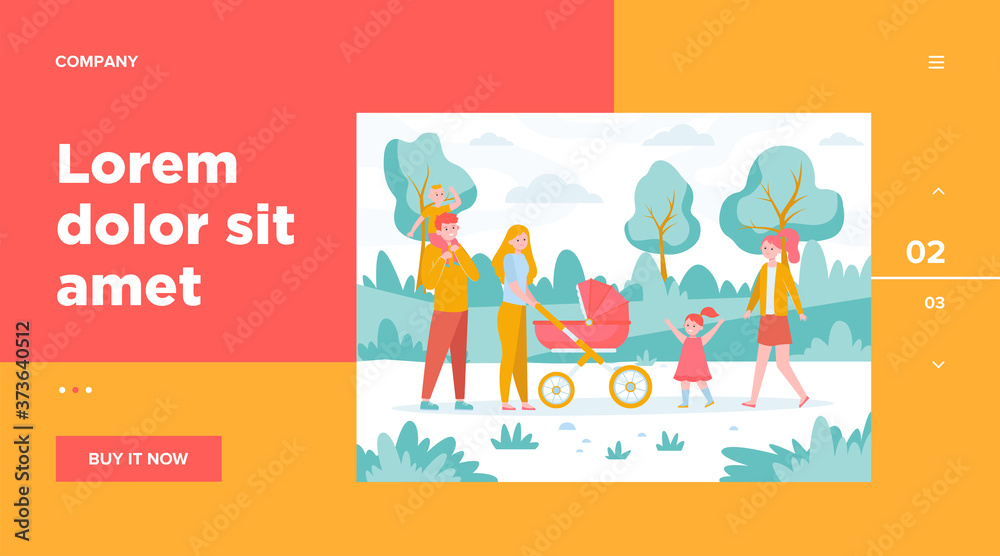 Happy family with kids walking in city park. Parents couple wheeling pram with baby outdoors. Flat vector illustration for weekend, leisure, recreation, lifestyle concepts
