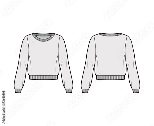Cotton-terry sweatshirt technical fashion illustration with relaxed fit, scoop neckline, long sleeves, ribbed trims. Flat outwear jumper apparel template front back grey color. Women, men unisex top