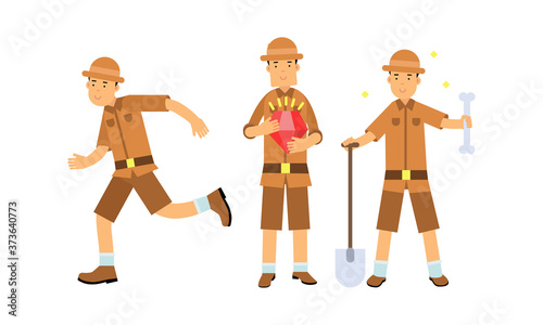 Young Man Archeologist Standing with Shovel and Bone Vector Illustration Set