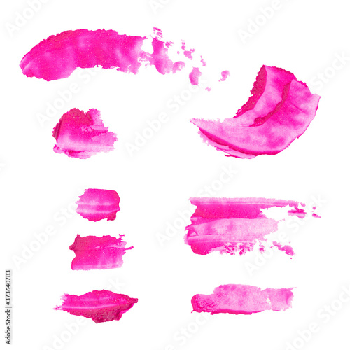 Brush stroke, smear, smudge of cosmetics. Dirty lipstick stains. Set of strokes of pink lipstick. Illustration isolated on white background. Texture, background, template.